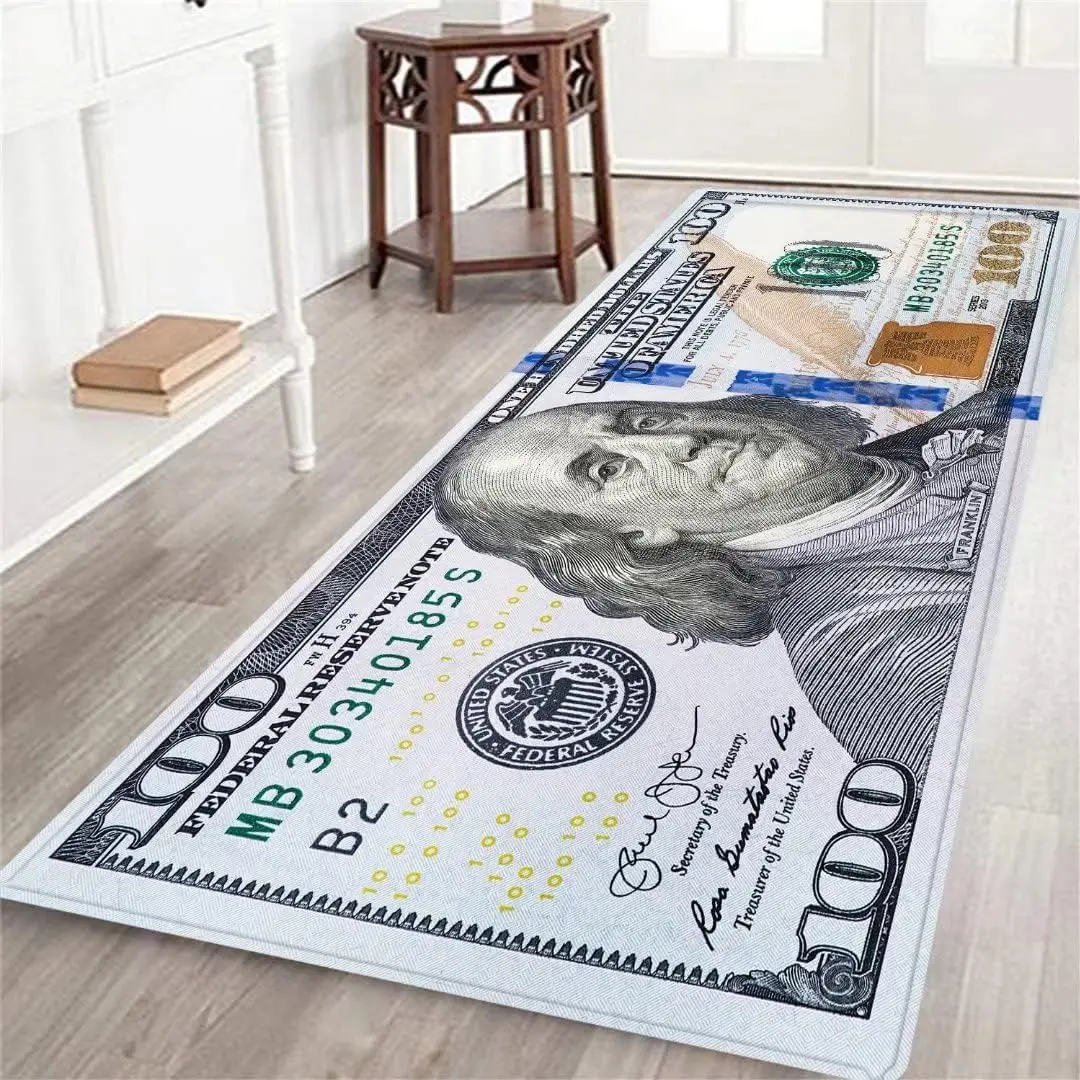 AISOON Washable $100 Bill Print Non-Slip Rubberback Floor Runner Rug - Modern Multicolor, Bedroom Decor, Non-Slip Rug for Hallway, Entryway