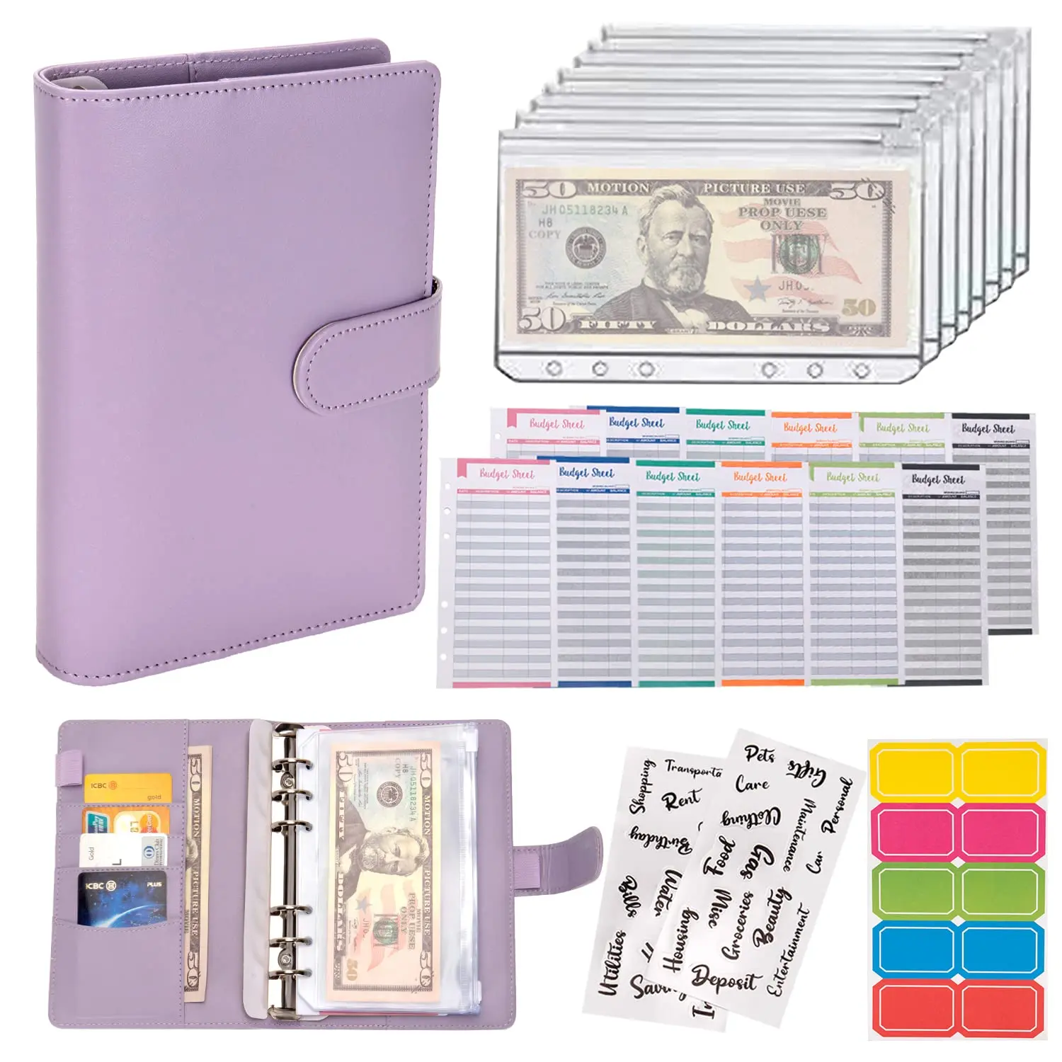 A6 Money Saving Binder - Monthly Budget Planner, Savings Tracker Organizer with Cash Envelopes, Zipper Envelopes, Budget Sheets, Sticker Labels for Personal Finance (Office Stationery Supplies)