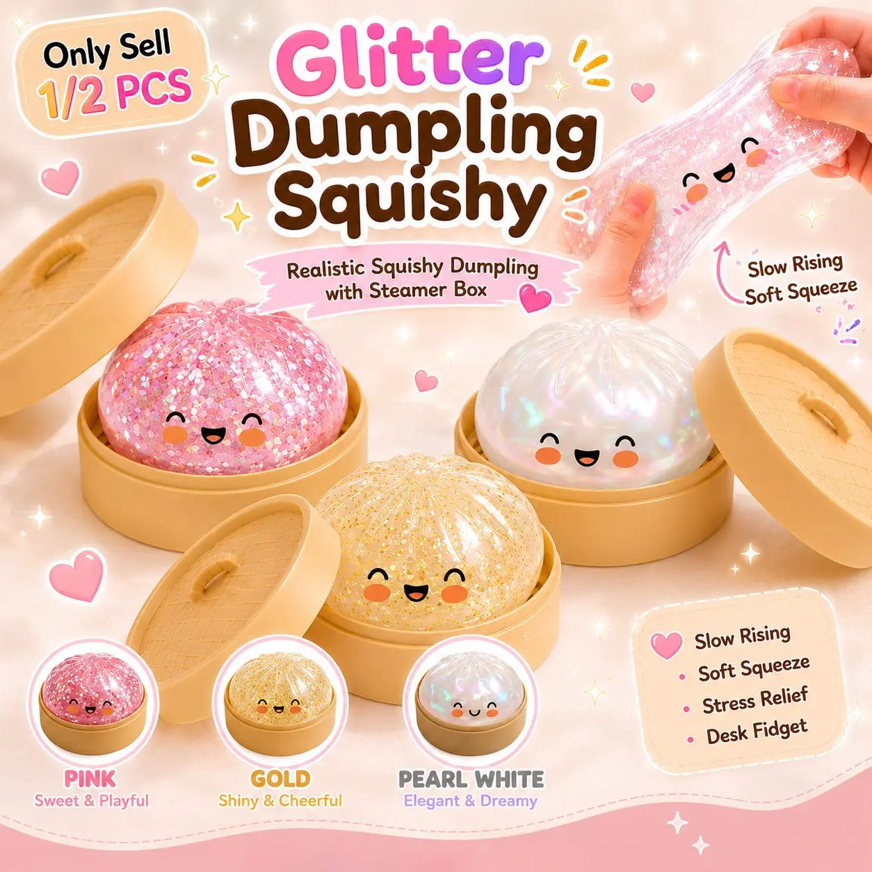 1/2 PCS Glitter Dumpling Squishy, Realistic Squishy Dumpling with Steamer Box, Slow Rising Soft Squeeze Dumpling Squeeze Stress Balls Desk Fidget for Teens Adults Home Office