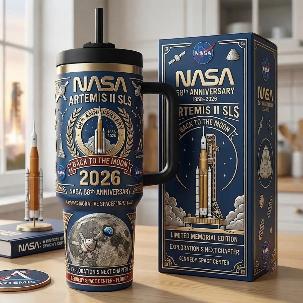 Nasa Artemis II Mision Tumbler 40oz With Handle & Straw, Limited Edition Collector Cup, Nasa Galaxy Stainless Steel Travel Mug, Artemis II Spaceship Gift, Insulated Drinkware