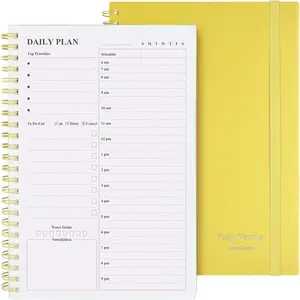 Daily Planner Undated -  Notebook With Hourly Schedules and Spiral Appointment Book for Men and Women,  Work Planner With Inner Pocket 8.3"x 5.8" (Yellow)