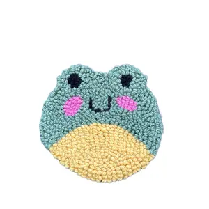 Mini Frog Punch Needle Car Coaster - Adorable Design with Yellow Base and Green Body for Fun and Functional Use