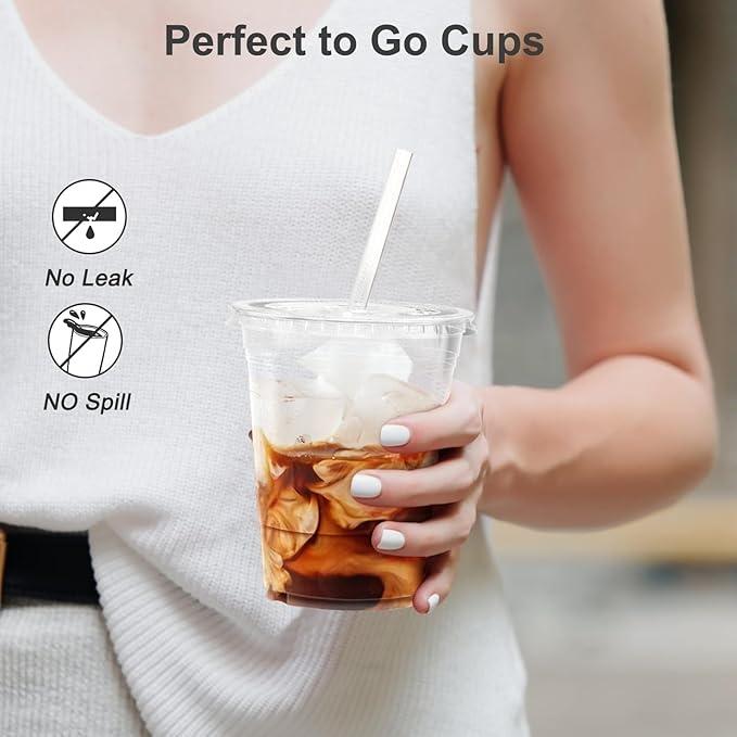 100 Pack 16oz Clear Plastic Cups with Lids & Straws – Disposable Iced Coffee & Smoothie Cups, Leak-Resistant Cold Drink Cups, Food-Safe Party & Takeaway Cups