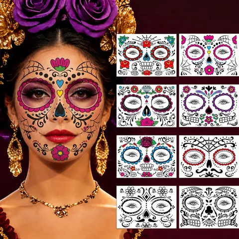 Yeomoo Mexican Dia De Los Muertos Temporary Face Tattoos - Sugar Skull Floral Face Decals, Halloween Costume Stickers for Cosplayers, Carnival Party Supplies