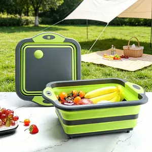 1-piece set of advanced foldable silicone cutting board with filter basket, foldable multifunctional kitchen drainage bowl and cutting board, space saving portable design, integrated small tool for food cutting, rinsing, drainage and kitchen storage