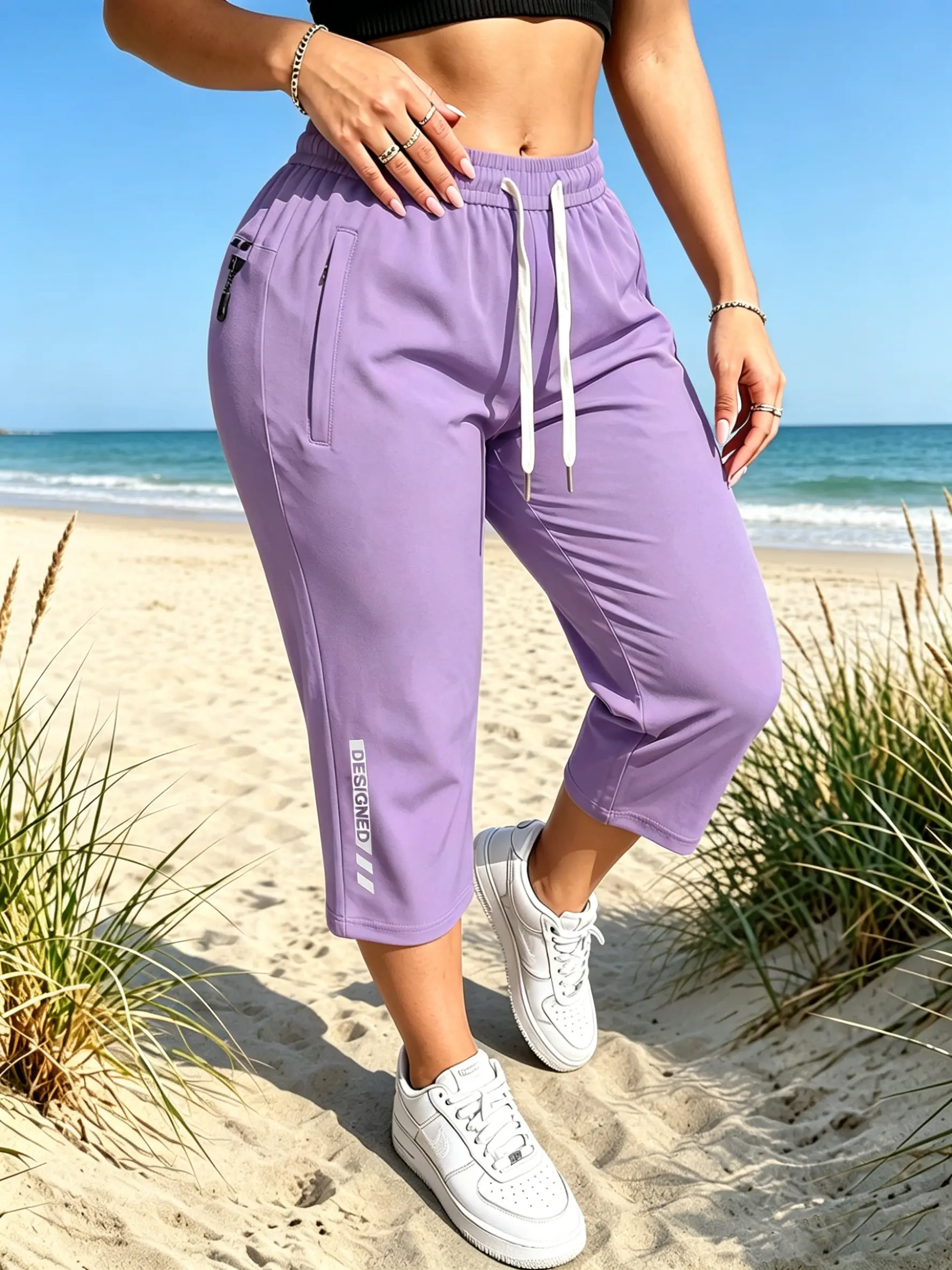 High-Stretch Ice Silk Capri Pants for Women Quick-Dry Lightweight 7/8 Jogger Pants with 3 Zipper Pockets, Elastic Waist Athletic Casual Trousers for Running, Gym & Everyday Wear Womenswear Bridal