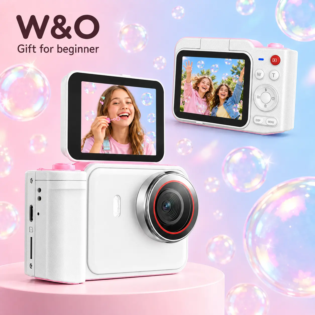 W&O 4K Vlogging Camera with Fill Light, Digital Camera for Photography, 180° Flip Screen, 16X Digital Zoom, 32GB Card, 48MP Compact Point and Shoot Camera for Students, Women and Beginners, Ideal Gift