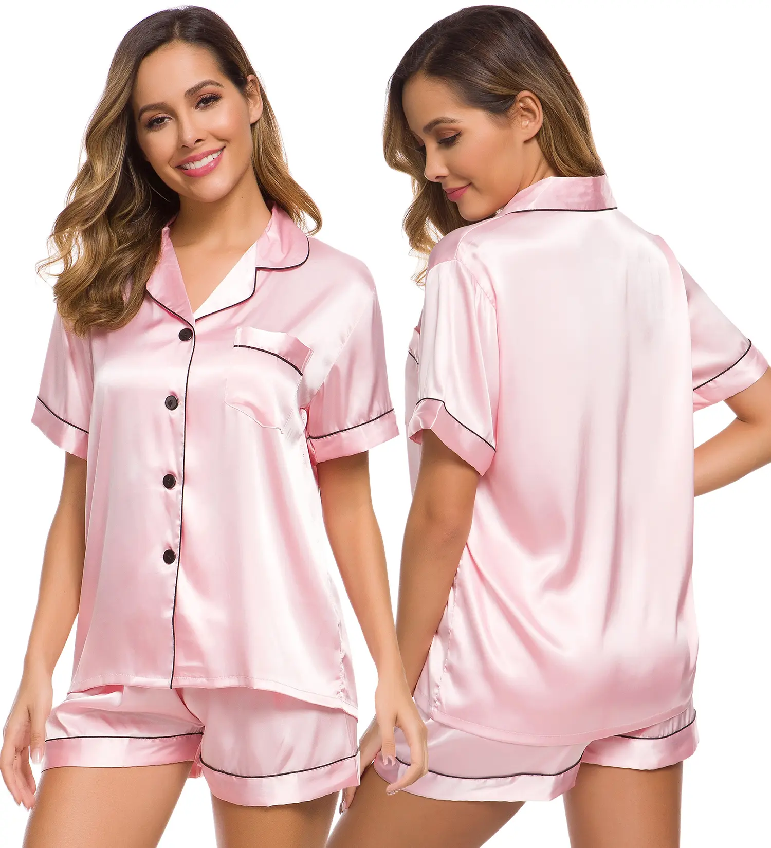 SWOMOG Women's Silk Satin Pajamas Set Two-Piece Pj Sets Sleepwear Loungewear Button-Down Pj Sets Comfortable Shortsleeve Soft Pink Girls Top Black Womenswear Bridal Elastic Fits