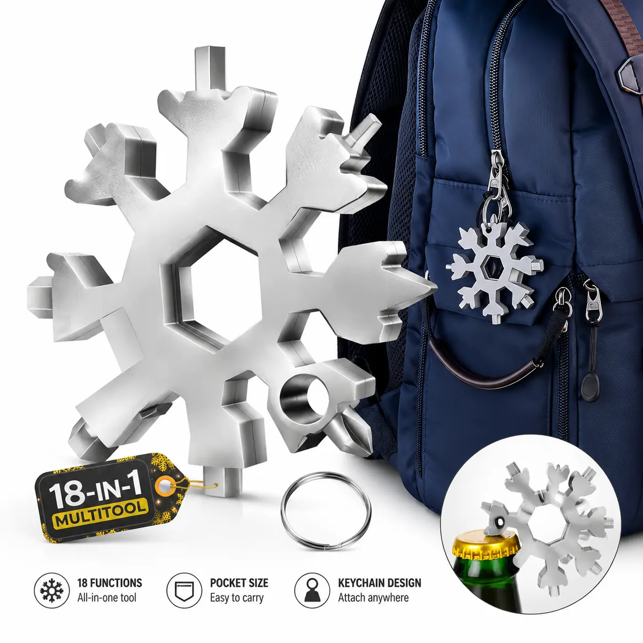 2026 Viral Mini Snowflake Wrench 18-in-1 EDC Multitool Keychain for Men, Stainless Steel Pocket Survival Tool with Screwdrivers Hex Wrenches Bottle Opener, Camping Hiking Travel DIY Everyday Carry Gear