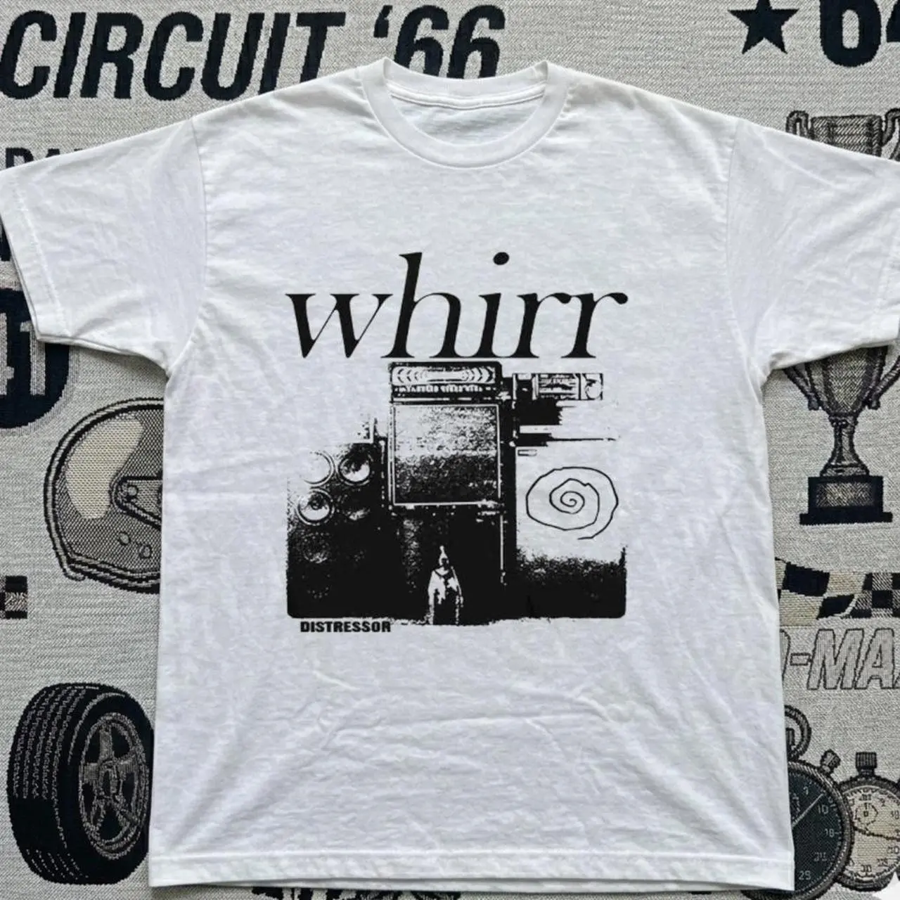 White Whirr Distressor T-shirt Vintage y2k 90s Style Unisex Tee, Retro Music Fan Gifts
