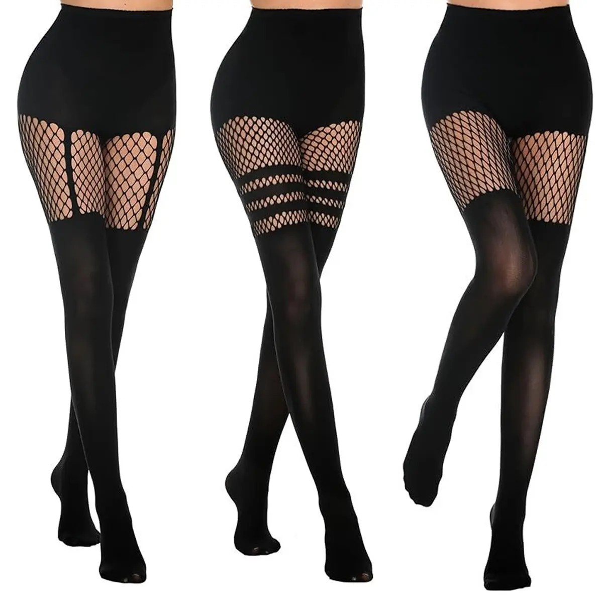 AgeRose Women's High Waist Fishnet Tights, Sheer Suspender-Inspired Pantyhose with Mesh Stripes, Full Leg Stretch Nylon Spandex for Parties, Pantyhose Women