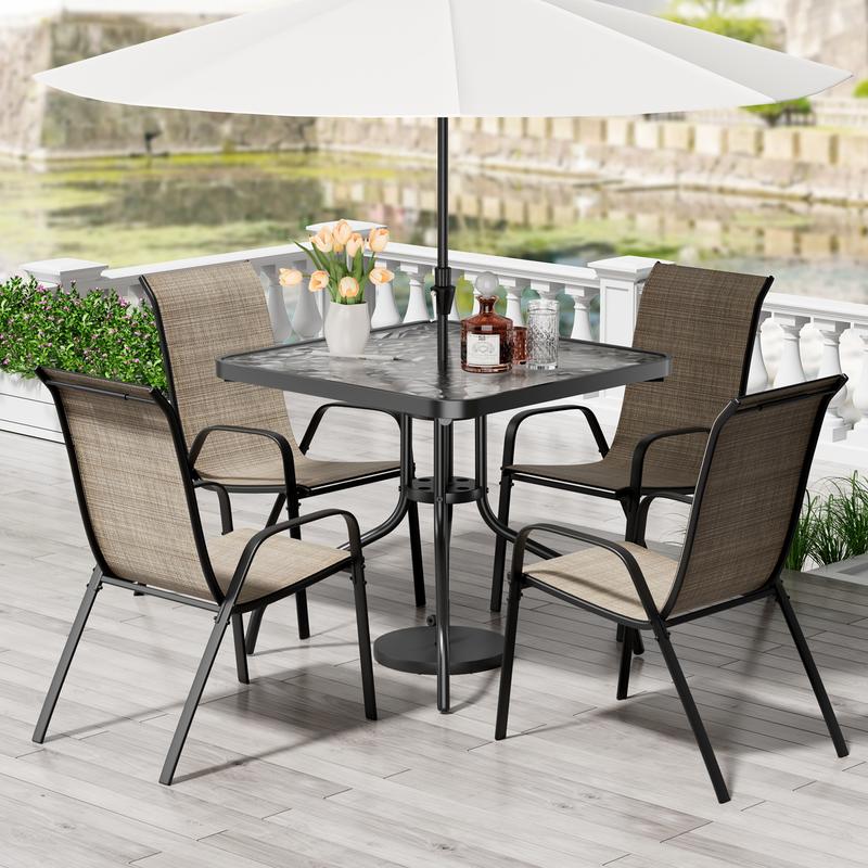 5 Piece Outdoor Patio Dining Set (Umbrella not Included), Porch Furniture with 4 Textline Chairs, 1 Square Glass Table for Garden, Backyard and Poolside, Lawn