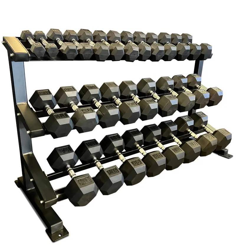Rubber Hex Dumbbells 5LB-75LB With Rack DBR575