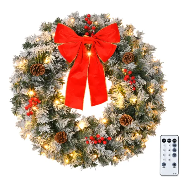 Ubesgoo 36in Green Flocked PVC Christmas Wreath - Outdoors & Wall Ornaments, 100 Warm Lights, 8 Lighting Modes, 300 Branches, Bowknot, Red Berries & Pinecones