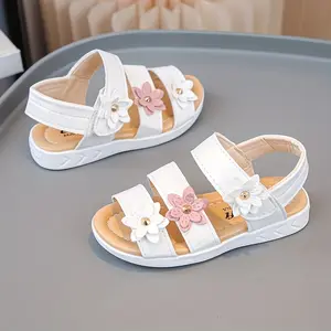 2025 new girls' sandals with three small flower Velcro design for children's anti slip shoes
