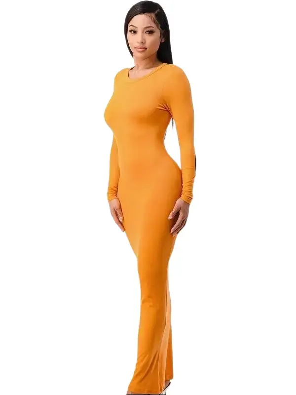 Solid Colored Long Sleeve Crew Neck Maxi Dress