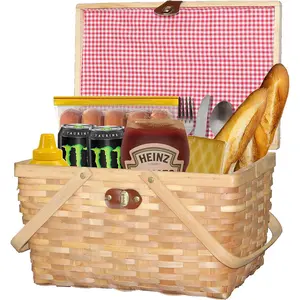 Gingham Lined Woodchip Picnic Basket with Lid and Movable Handles