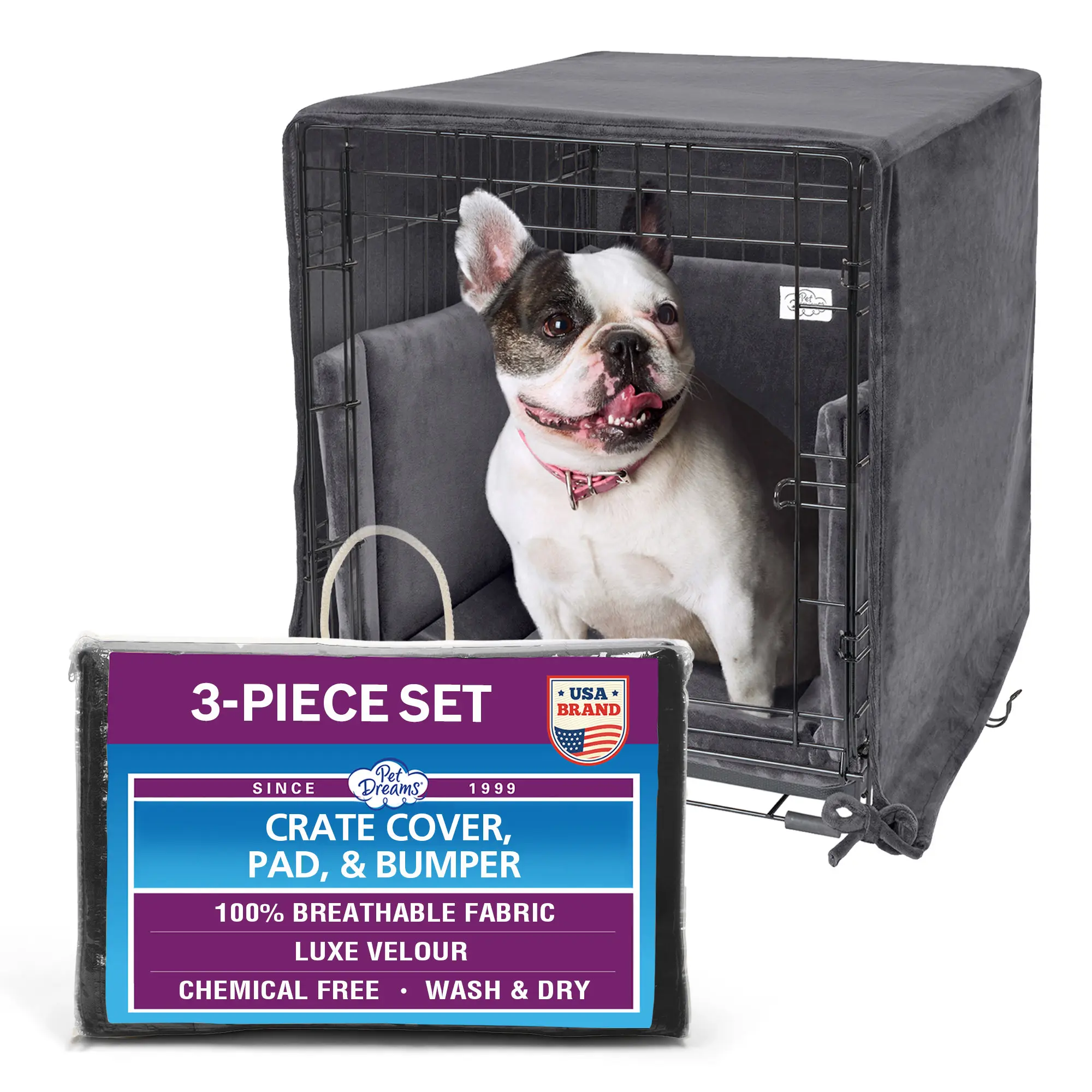Pet Dreams 3-Piece Set includes Dog Crate Cover, Dog Mat & Bumper Pad- Washable Kennel Bedding fits iCrate Cages 24, 30, 36, 42 Inch