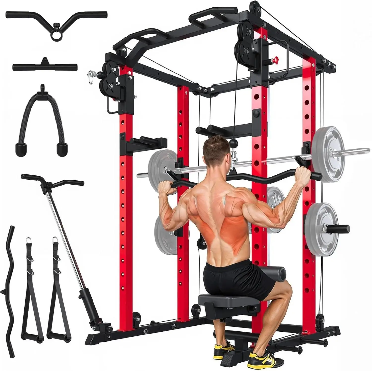 Power Rack with LAT Pulldown for Home Gym, 2000lbs Weight Power Cage Squat Rack with Cable Crossover Machine, All in One Strength Training Power Cages with Pulley Workout System