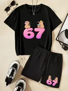 Sing And Enjoy Your Cup Of Milk Tea.Capybara 67 Digital Print Children's Set Includes A Summer New Style Short-Sleeved T-Shirt And Shorts Set For Both Boys And Girls.Stylish, Comfortable, Casual, Fashionable And Versatile Daily Use. Ideal Gift Choice.