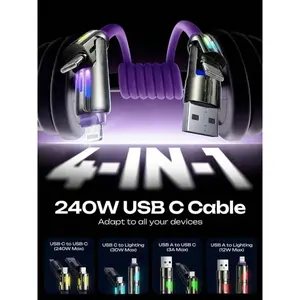 4-In-1 USB-C Multi-Charger Cable 240W 6.6FT, High-Speed Data Transfer & Fast Charging, Compatible with Android, iOS, Cellphone & Micro-USB Devices (Smartphones/Tablets/Laptops). Durable Portable for Home/Office/Travel/Gaming/Desk Use