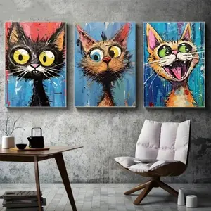 3 Pieces Optional Wooden Frame Abstract Cartoon Anime Cat Wall Art Picture Home Decor HD Giclee Wall Poster Color Accurate Reproduction Hanging Painting Flat Anti-Wrinkle Art Canvas High Gram Weight Thickened Wall Painting