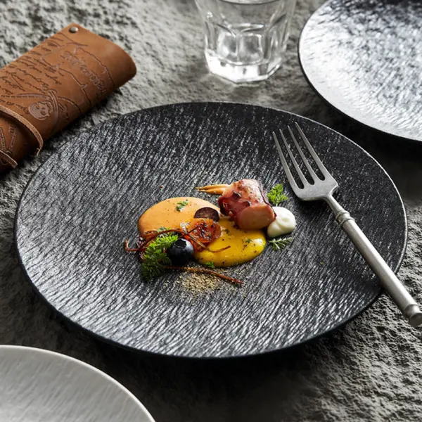 Black Stone Textured Melamine Dinner Plates 4Pcs, 8 Inch Matte Black Steak Plates, Reusable Unbreakable Round Serving Platter for Home Kitchen Restaurant, Salad Dessert Dinnerware
