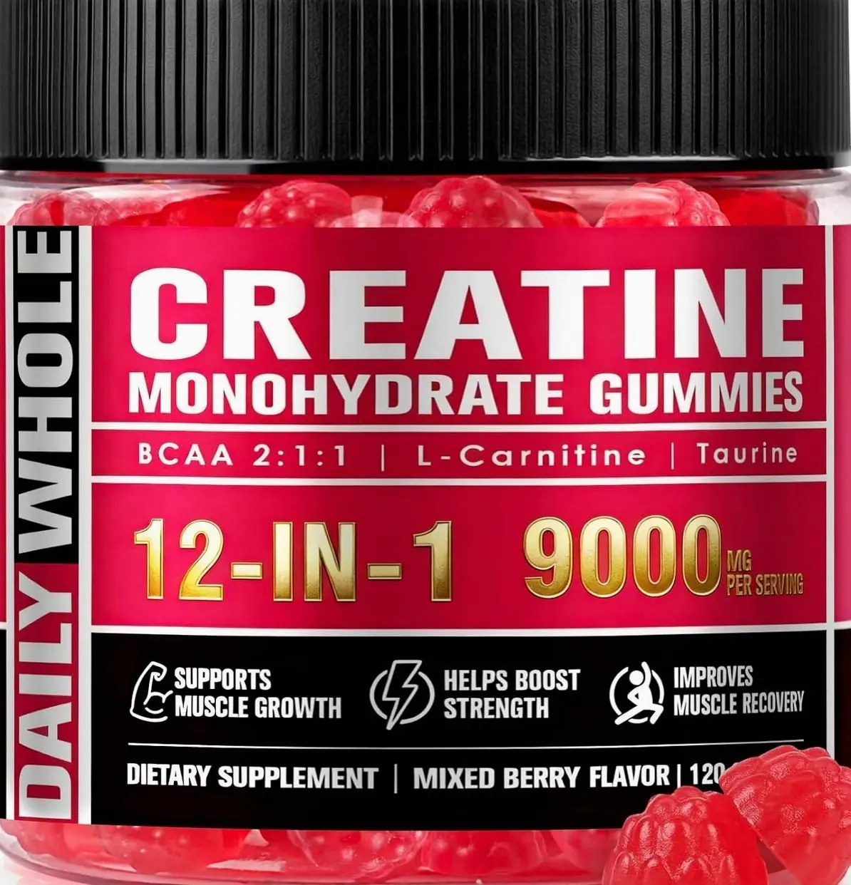 12 IN 1 Creatine Monohydrate Gummies Complex 9000mg for Women and Men to Support Muscle, Creatina gummy with L-Carnitine, B12, BCAA 2:1:1, Sugar Free, Non-GMO & Vegan, 120 Gummies, Mixed Berry Flavor