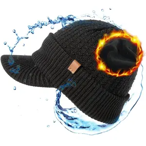 DryKnit™ Waterproof 50% Merino Wool Visor Beanie Hat for Men Fleece Lined Winter Hat with Brim for Big Heads