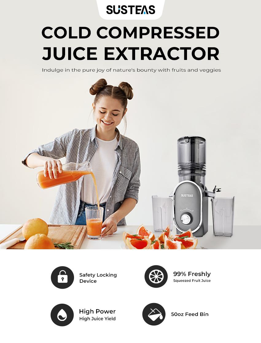 SUSTEAS Juicer Machine Cold Press Juicer 5.3 Inch Large Feed Opening Slow Masticating Machine High Yield Easy to Clean Whole Fruit Juicing
