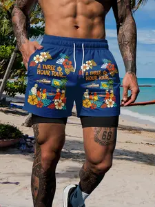 New 2026 Men's Tropical Floral 'three Hours Trip' Printed Beach Shorts, Beach Outdoor Wear, Quick-Dry Lining, Summer Seaside Essential, Casual Fitted Style