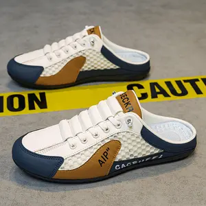 2026Summer New Men's Baotou Slippers S11 Beige Herringbone Design White & Blue Mesh Casual Shoes for Outdoor Activities Street Fashion Bean Shoes