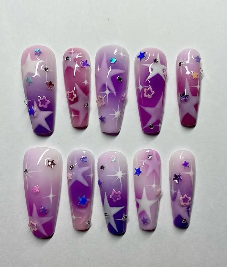 Handmade Purple Pink Galaxy Press On Nails | Y2K Ombre Star Chrome Rhinestone Coffin Fake Nails with FREE Adhesive Tabs FREE Nail File FREE Cuticle Stick