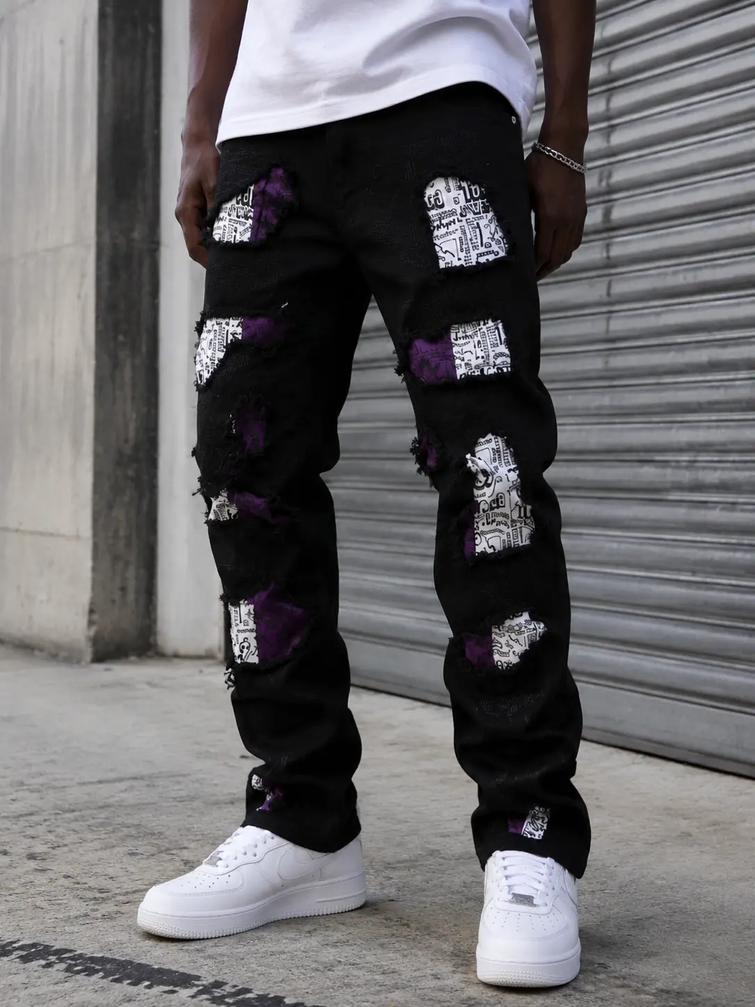 Men’s Black Distressed Patchwork Jeans, Purple and Graphic Print Ripped Denim Pants, Y2K Punk Hip Hop Streetwear Style