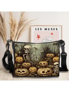 Ladies Shoulder Bag Halloween Ornament Bag with Skull and Crow 9.16
