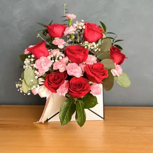 Forever in Bloom Red and Pink Roses with Greenery in a Box Floral Arrangement