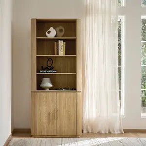HULALA HOME Silvia Modern Fluted Wood Bookcase | Adjustable Open Shelves & Bottom Cabinet Storage | Rounded Edge Home & Office Shelf with Brushed Brass Handle | Stylish Wood Veneer Display Unit