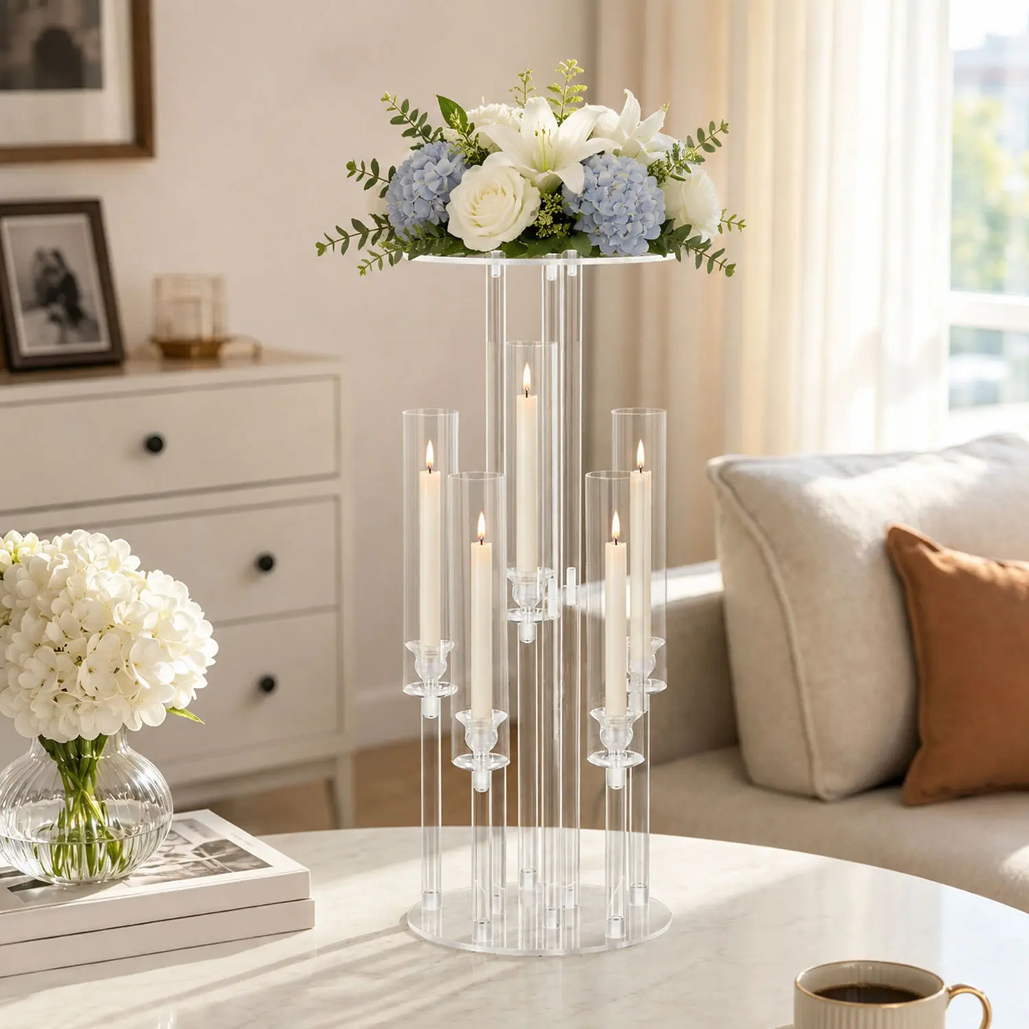 VINCIGANT 23.6in Clear 5 Arm Candelabra with Flower Stand for Tables Acrylic Candle Holder for Wedding Centerpieces Dining Room Banquet Birthday Party Home Event Decoration Party Supplies