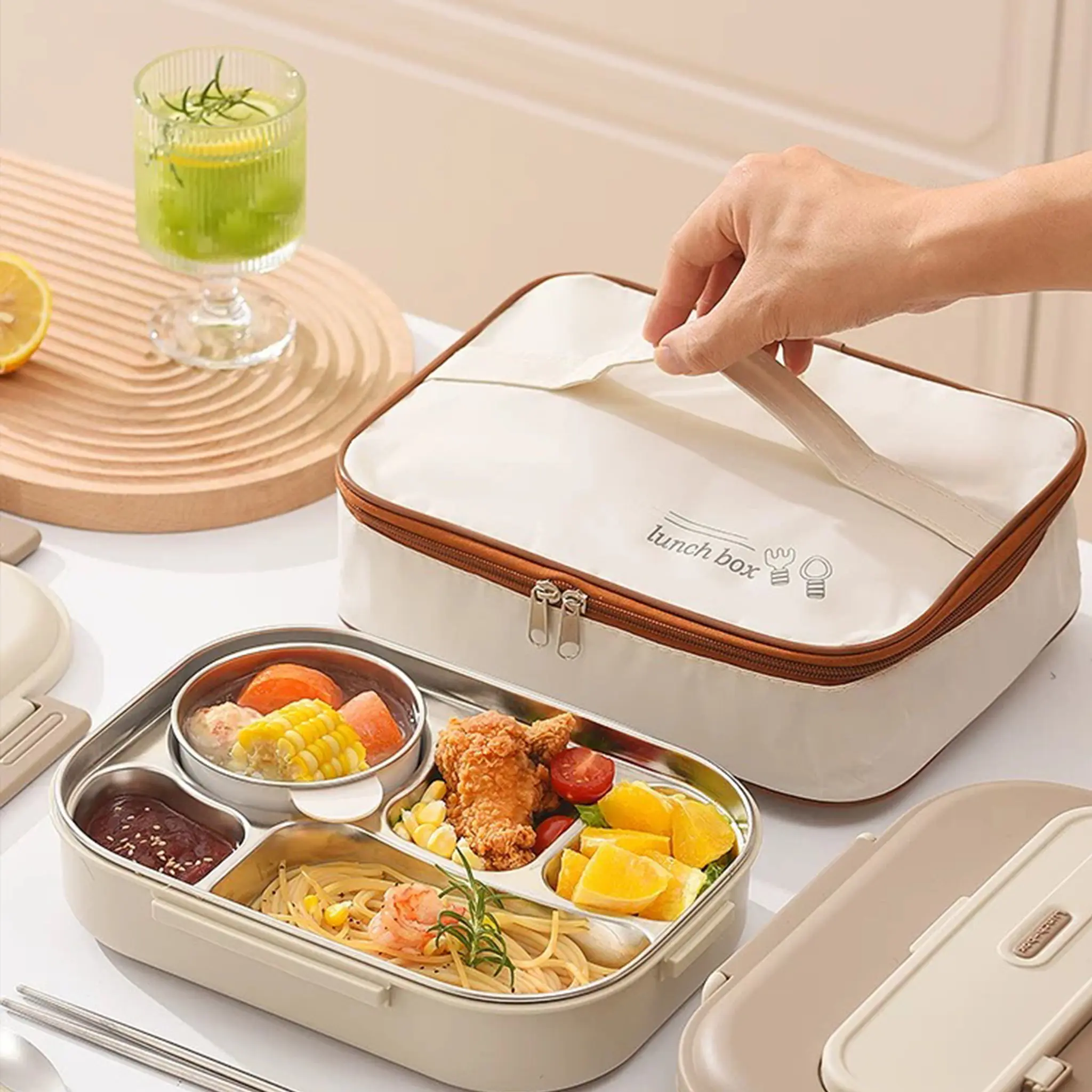 Stylish 304 Stainless Steel Compartmentalized Lunch Box Set - Leak-Proof, Microwave-Safe, Portable for Adults, Includes Insulated Tote Bag