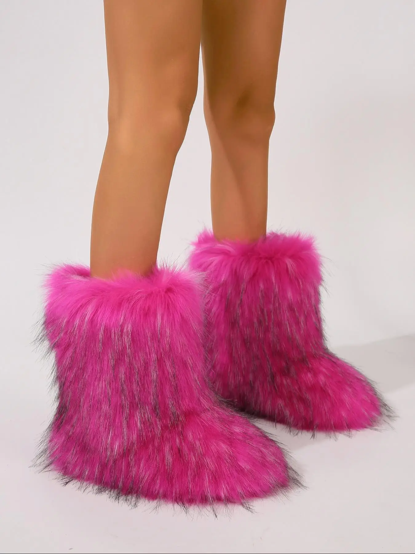 Fur Boots for Women, Fashionable Colorblock & Plain Slip on Boots, Casual Comfortable Warm Mid-calf Boots for Fall & Winter, Female All-match Trendy S