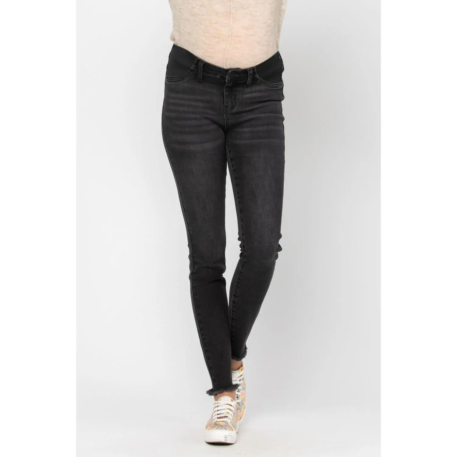 Judy Blue Bloom Maternity Mid Rise Skinny Jeans, Dark Grey Stretchy Denim with Elastic Side Panels and Raw Hem, Casual Fit Maternity, Prenatal Maternity Clothing