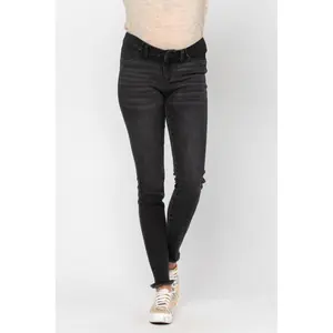 Judy Blue Bloom Maternity Skinny Jeans, Stretchy Casual Fit Dark Grey Denim with Elastic Side Panels and Raw Hem, Casual Fit Maternity