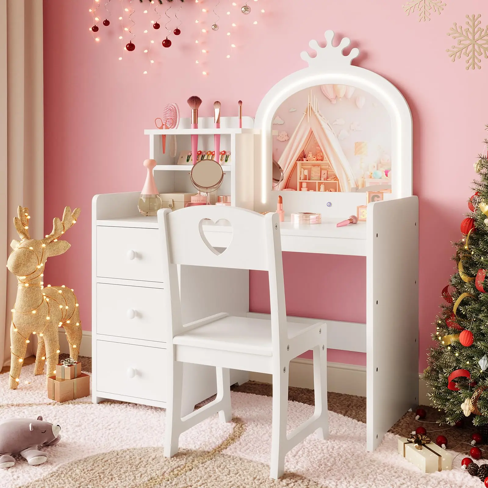 Garvee Princess 2-in-1 Sturdy Wooden Vanity Table-Chair Set with LED Lights, Crown Accent, Makeup Brush Holder, 3-Tier Open Shelves, 3 Drawers for Storage & Makeup Organization (Pink, Playroom-Bedroom), Vanity Aesthetic