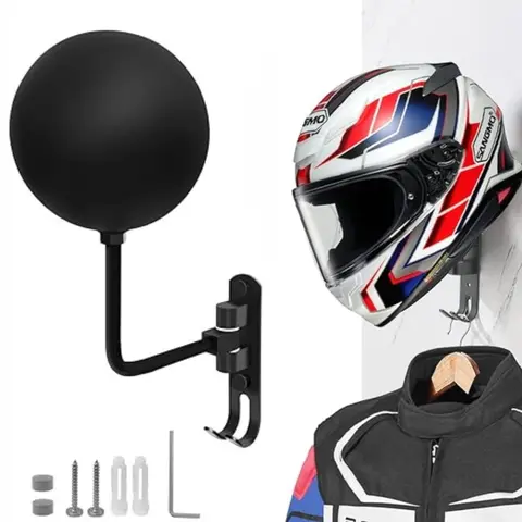Aluminum Alloy Wall Mounted Motorcycle Helmet Organiser - Hangable Hook Design with 180° Rotation, 2 Rust-Resistant Rotatable Hooks for Coats, Hat Hanger Holder, Motorcycle Accessories