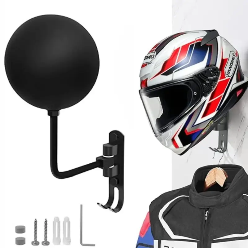 Aluminum Alloy Wall Mounted Motorcycle Helmet Organiser - Hangable Hook Design with 180° Rotation, 2 Rust-Resistant Rotatable Hooks for Coats, Hat Hanger Holder, Motorcycle Accessories