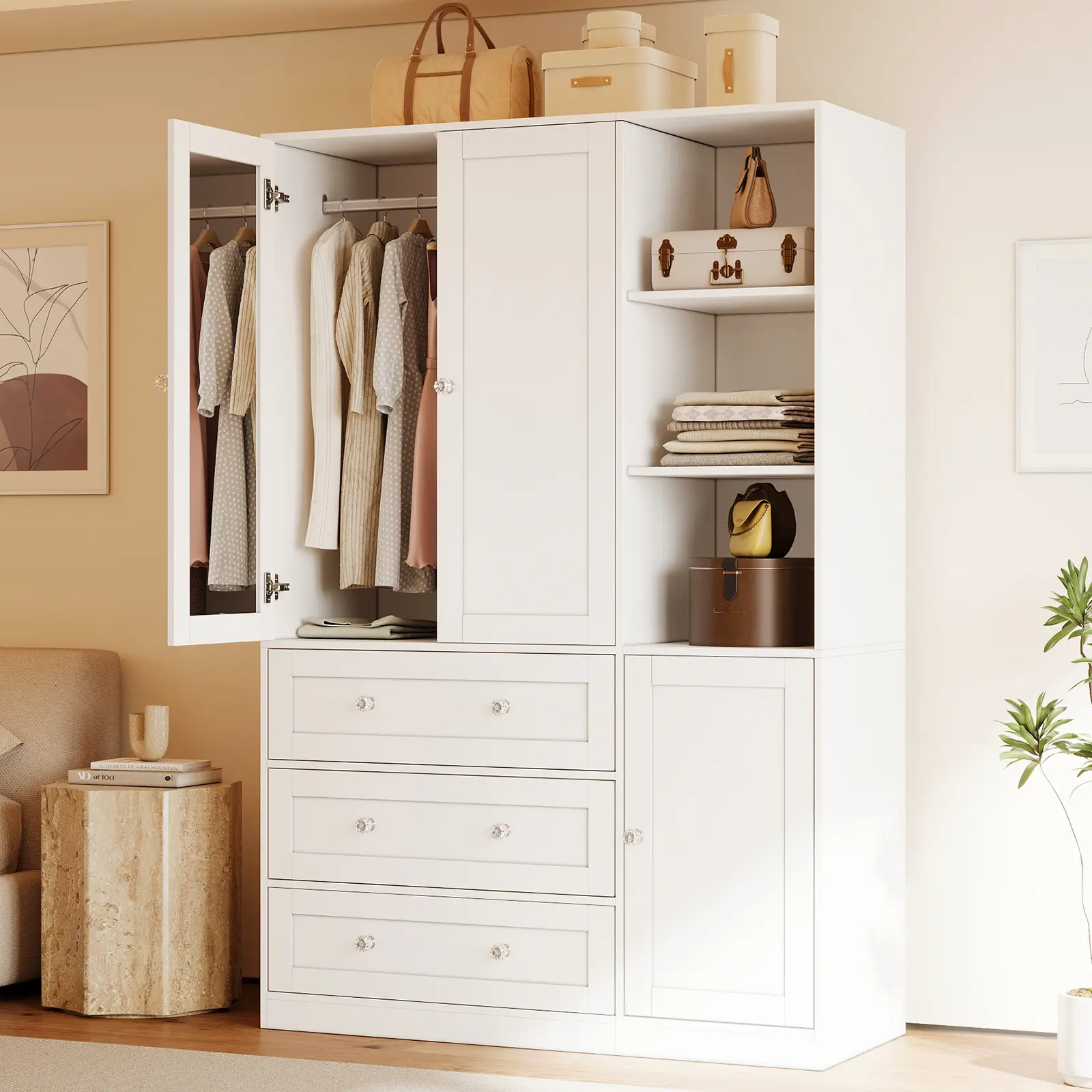 【2 Packages Delivery】VOWNER Wardrobe Closet Armoire with Open Shelves Storage Cabinet 3 Doors with Hanging Rod Bedroom Large Capacity Tall Freestanding Armoire Organizer