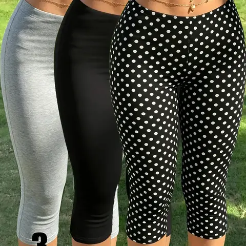 3-Pack High-Waisted Slim Fit Split Seven-Eighths Leggings Pants for Women, Multi-Color Combo, Plain & Polka Dot Styles, All Seasons Essential