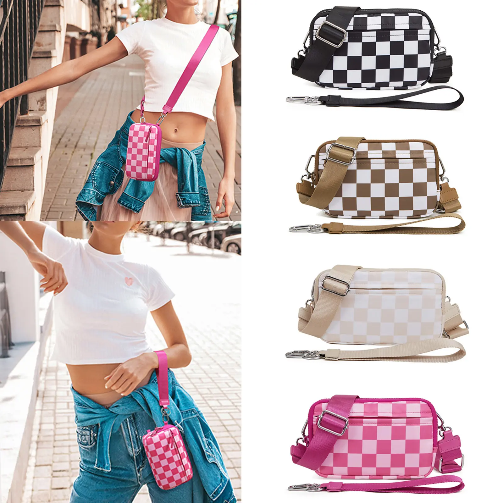 Women's Checkerboard Pattern Purse - Nylon Quilted Zip Wristlet Clutch, Adjustable Strap Handbag with Coin Pouch, Credit Card Holder, Cell Phone Organizer for Travel, Minimalist, Birthday
