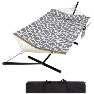 Double Hammock with Steel Stand Included, 450LBS Capacity, 2 Person Cotton Rope Hammock with Comfort Pad & Pillow for Indoor Outdoor