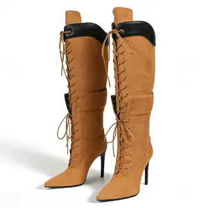 Women‘s TwoTone LaceUp OverTheKnee Stiletto Boots Faux Leather Pointed Toe High Heel Contrast Aesthetic Slay Party Date Night OOTD Footwear